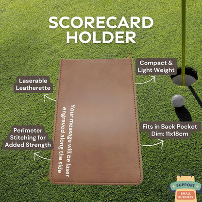 Personalised Golf Scorecard Holder | Brown PU Leather with Black | Engraving | Matching Pencil