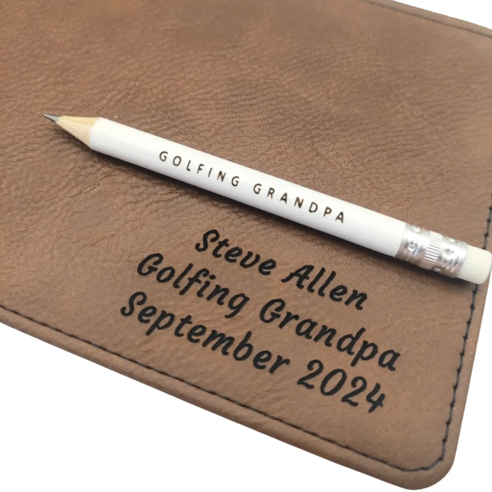 Personalised Golf Scorecard Holder | Brown PU Leather with Black | Engraving | Matching Pencil