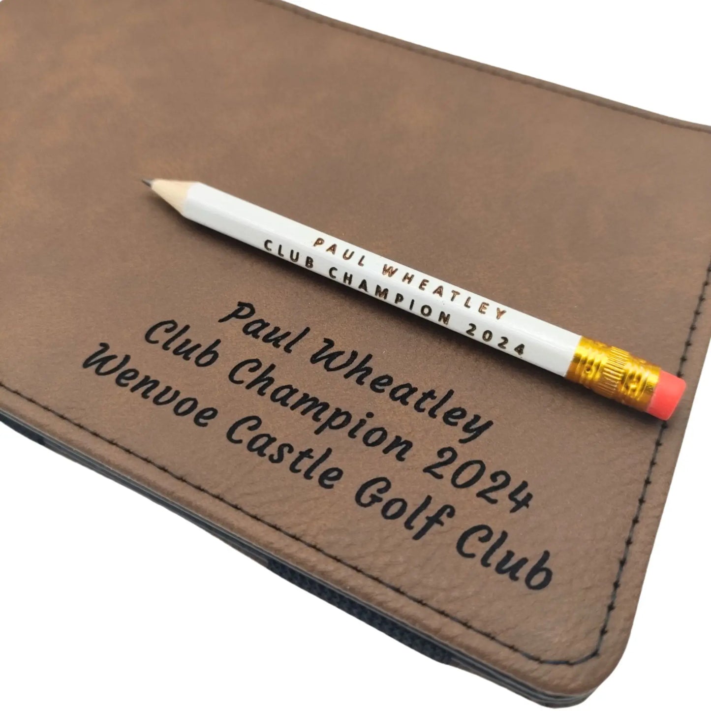 Personalised Golf Scorecard Holder | Brown PU Leather with Black | Engraving | Matching Pencil