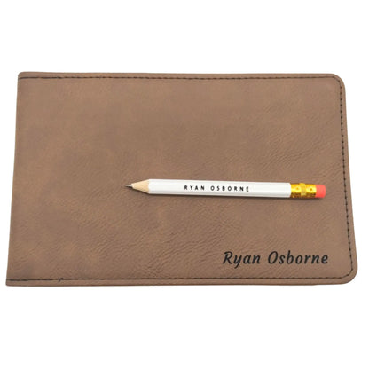 Personalised Golf Scorecard Holder | Brown PU Leather with Black | Engraving | Matching Pencil