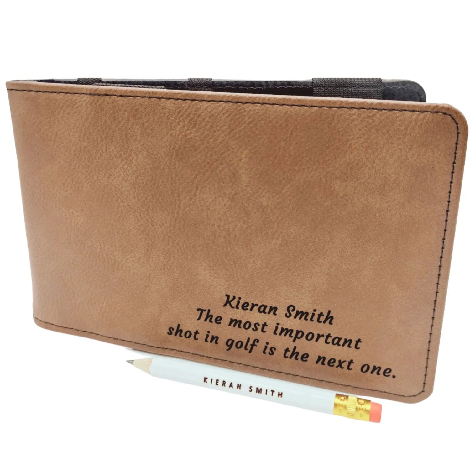 Personalised Golf Scorecard Holder | Brown PU Leather with Black | Engraving | Matching Pencil