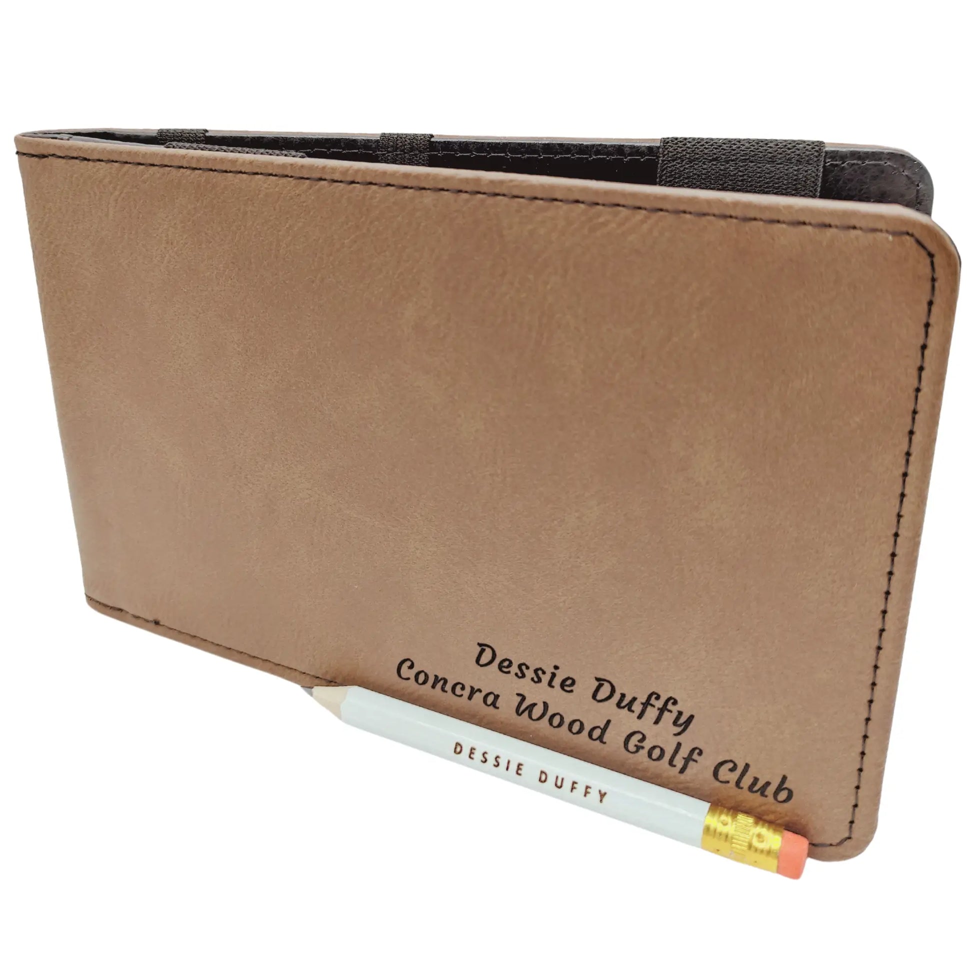 Personalised Golf Scorecard Holder | Brown PU Leather with Black | Engraving | Matching Pencil