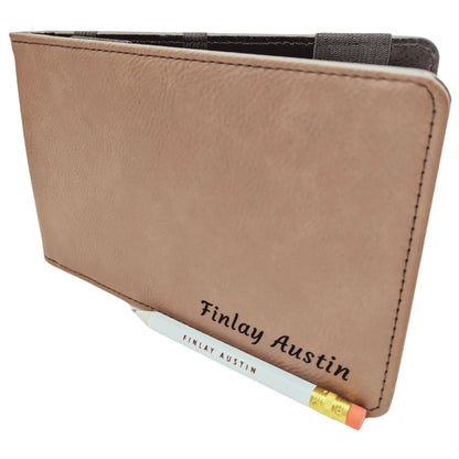 Personalised Golf Scorecard Holder | Brown PU Leather with Black | Engraving | Matching Pencil