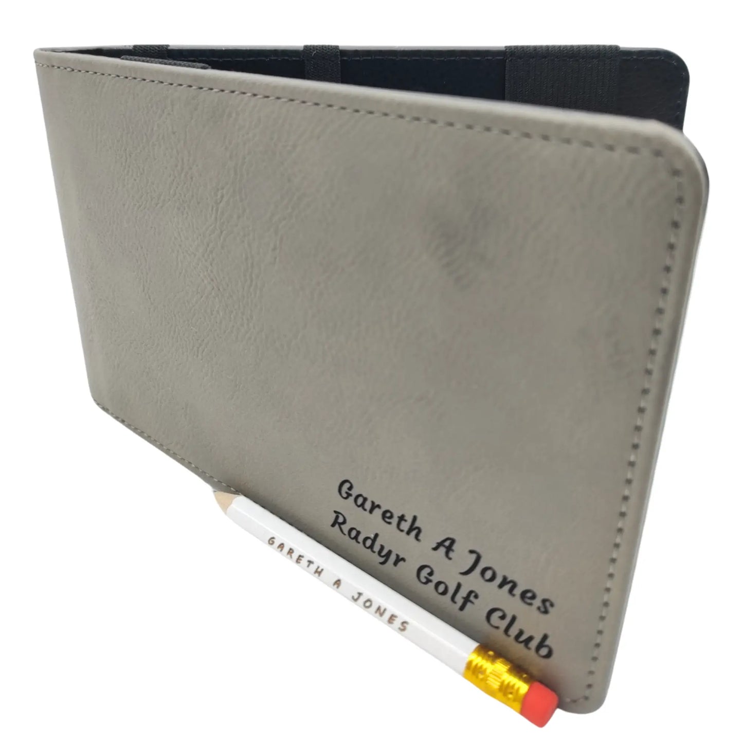 Personalised Golf Scorecard Holder with Matching Pencil | Grey PU Leather with Black Engraving | Suitable for all Golfers |  Birthday | Christmas Gift, Present