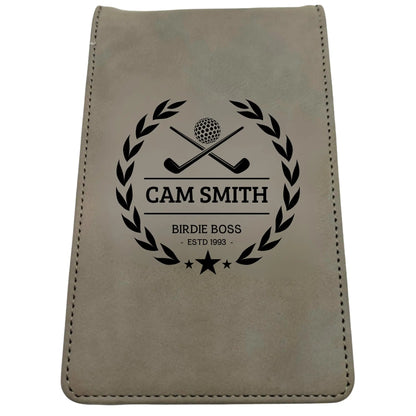 Personalised Golf Scorecard Holder Name and Year | Brown or Grey PU Leather with Black | Engraving | Matching Pencil