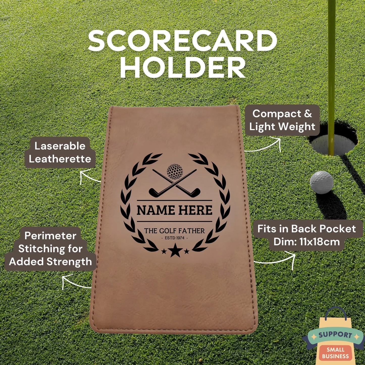 Personalised Golf Scorecard Holder Name and Year | Brown or Grey PU Leather with Black | Engraving | Matching Pencil