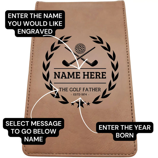 Personalised Golf Scorecard Holder Name and Year | Brown or Grey PU Leather with Black | Engraving | Matching Pencil