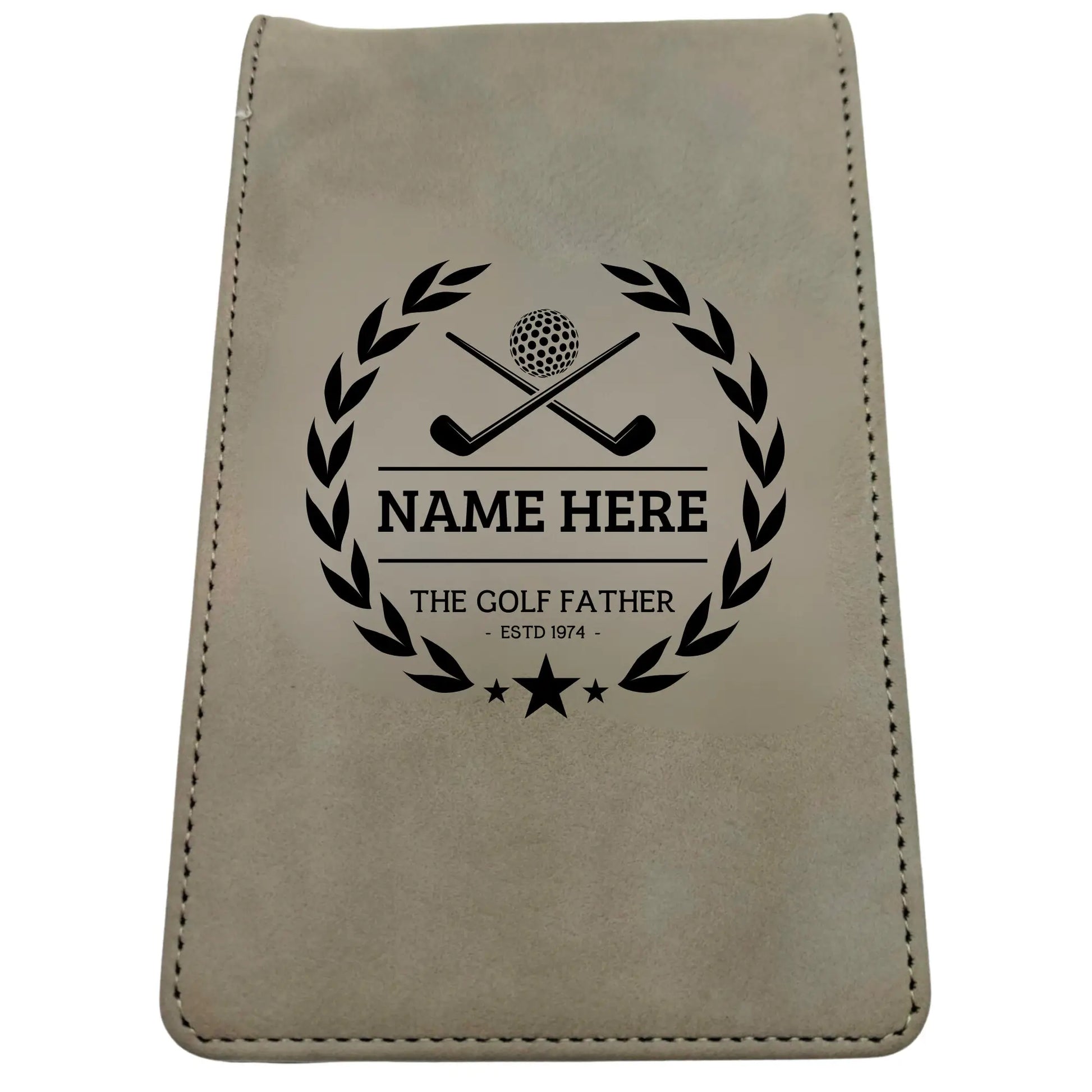 Personalised Golf Scorecard Holder Name and Year | Brown or Grey PU Leather with Black | Engraving | Matching Pencil