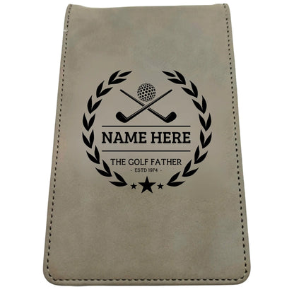 Personalised Golf Scorecard Holder Name and Year | Brown or Grey PU Leather with Black | Engraving | Matching Pencil