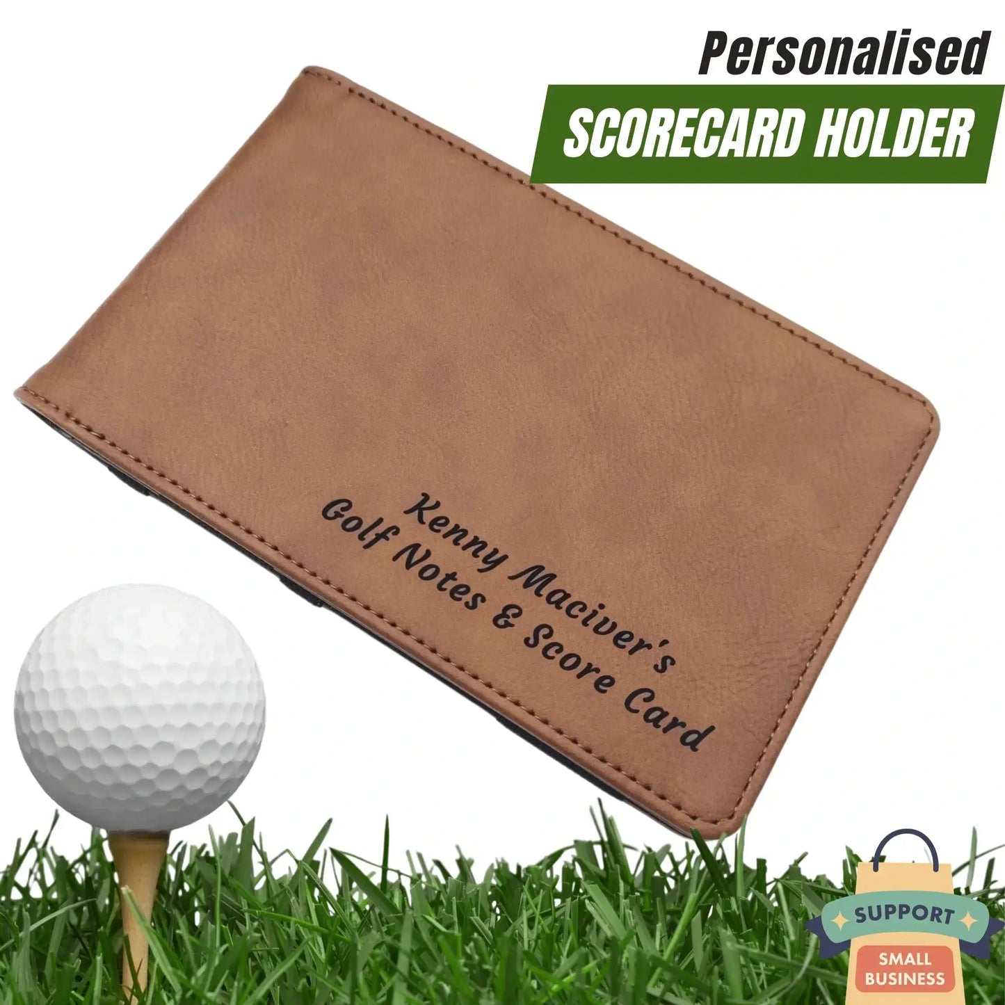 Personalised Golf Scorecard Holder | Brown PU Leather with Black | Engraving | Matching Pencil