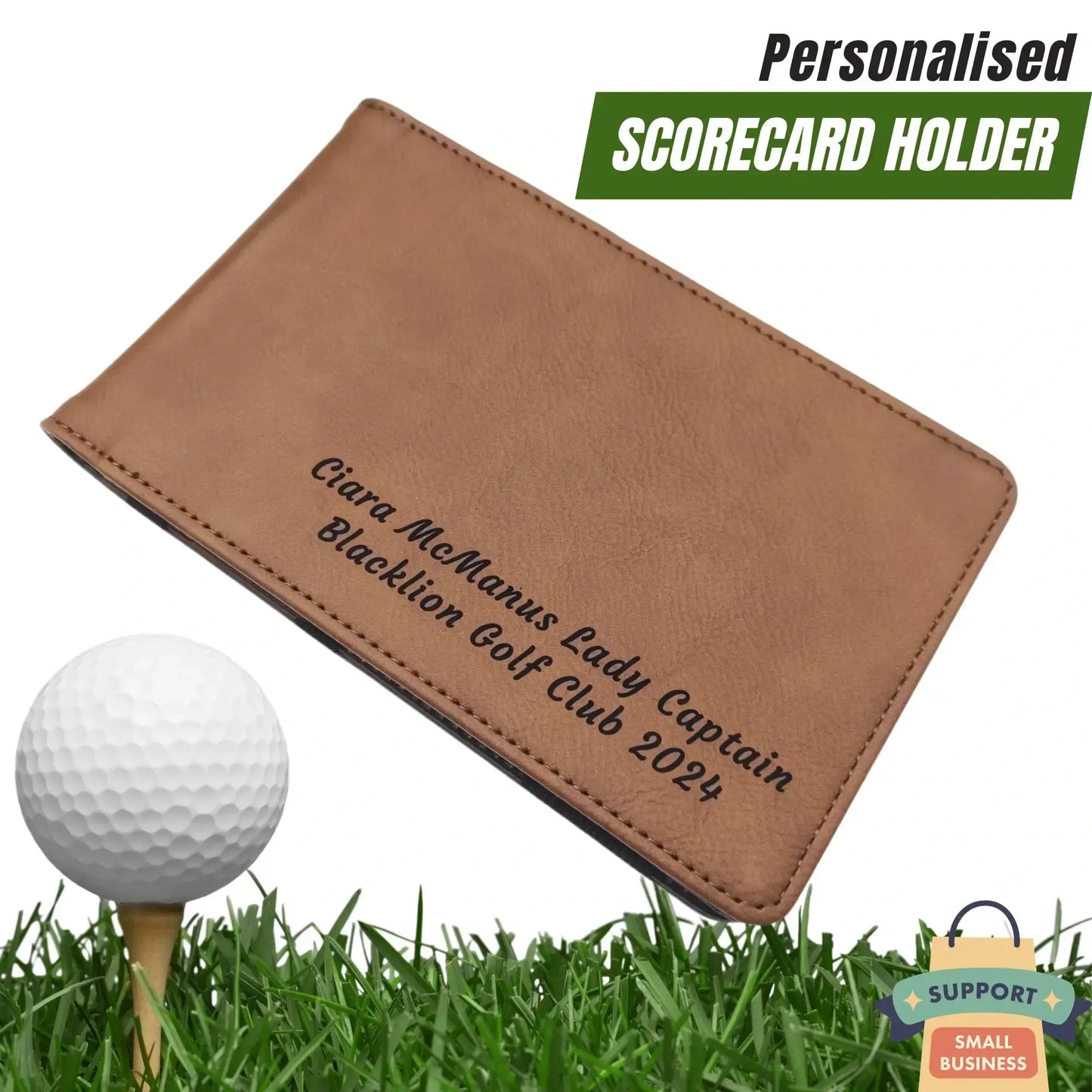 Personalised Golf Scorecard Holder | Brown PU Leather with Black | Engraving | Matching Pencil