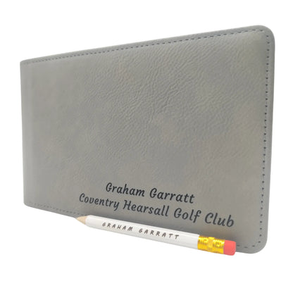 Personalised Golf Scorecard Holder with Matching Pencil | Grey PU Leather with Black Engraving | Suitable for all Golfers |  Birthday | Christmas Gift, Present