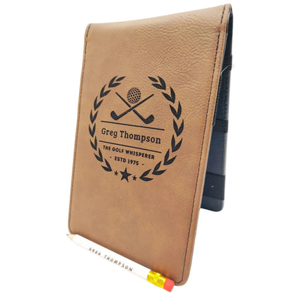 Personalised Golf Scorecard Holder Name and Year | Brown or Grey PU Leather with Black | Engraving | Matching Pencil