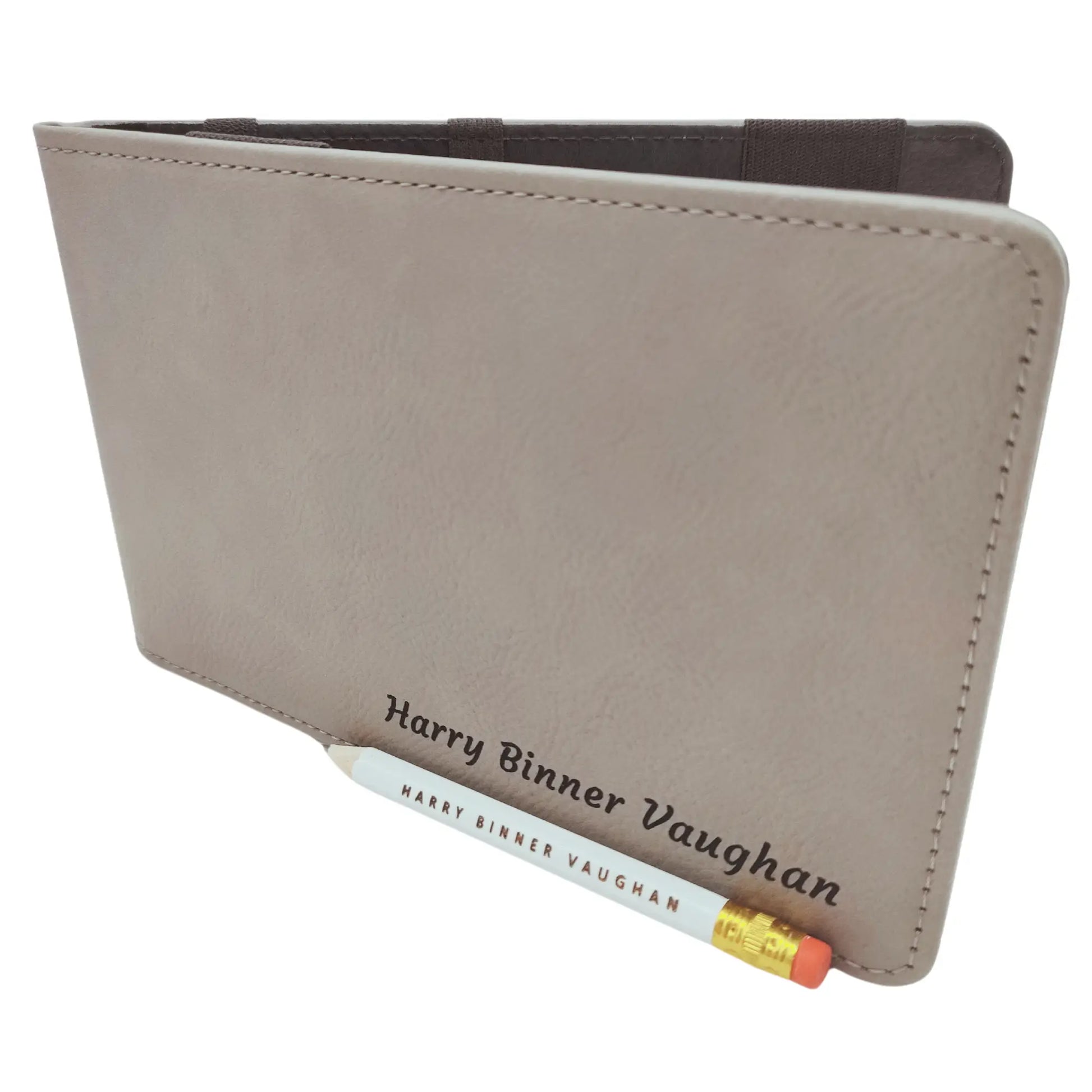 Personalised Golf Scorecard Holder with Matching Pencil | Grey PU Leather with Black Engraving | Suitable for all Golfers |  Birthday | Christmas Gift, Present