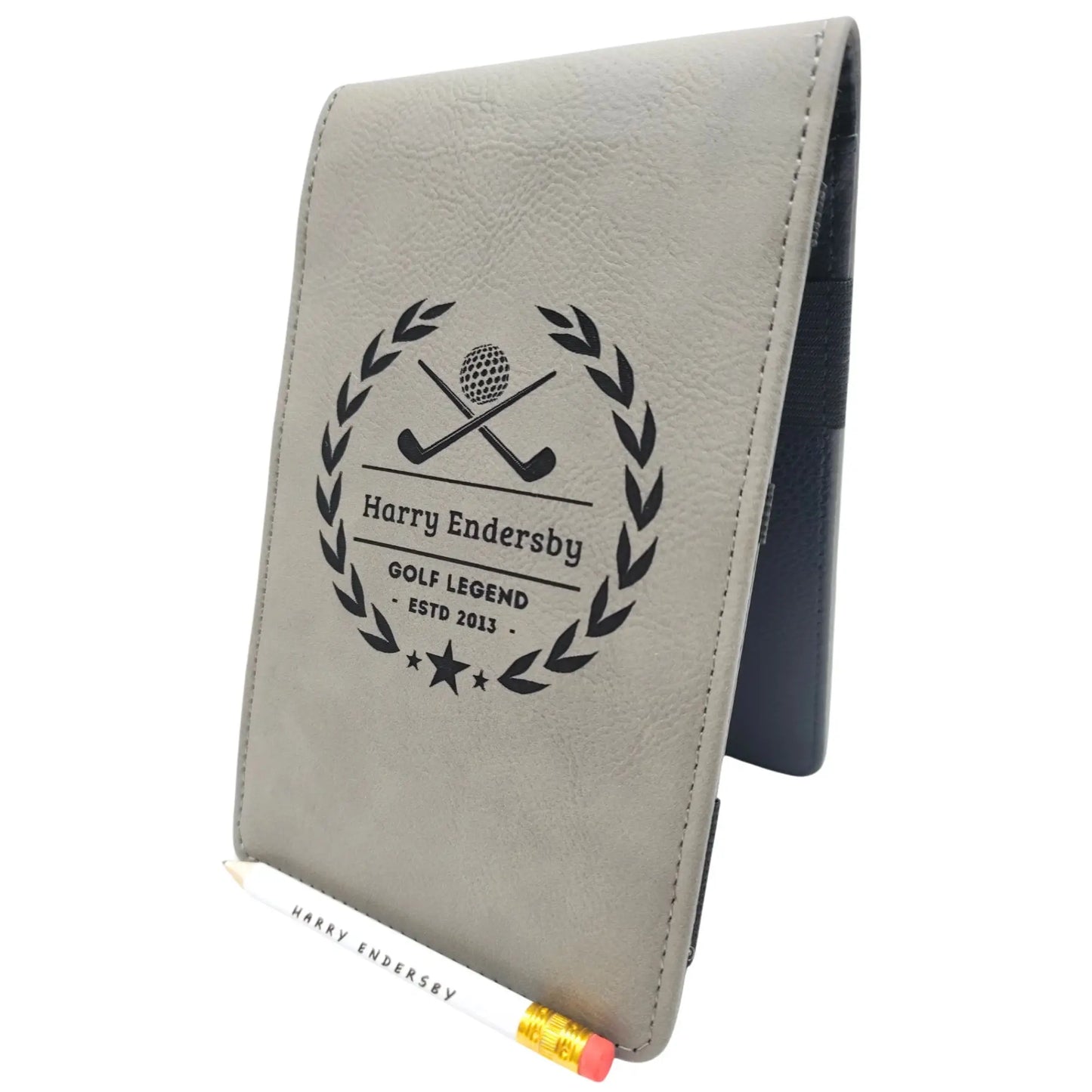 Personalised Golf Scorecard Holder Name and Year | Brown or Grey PU Leather with Black | Engraving | Matching Pencil