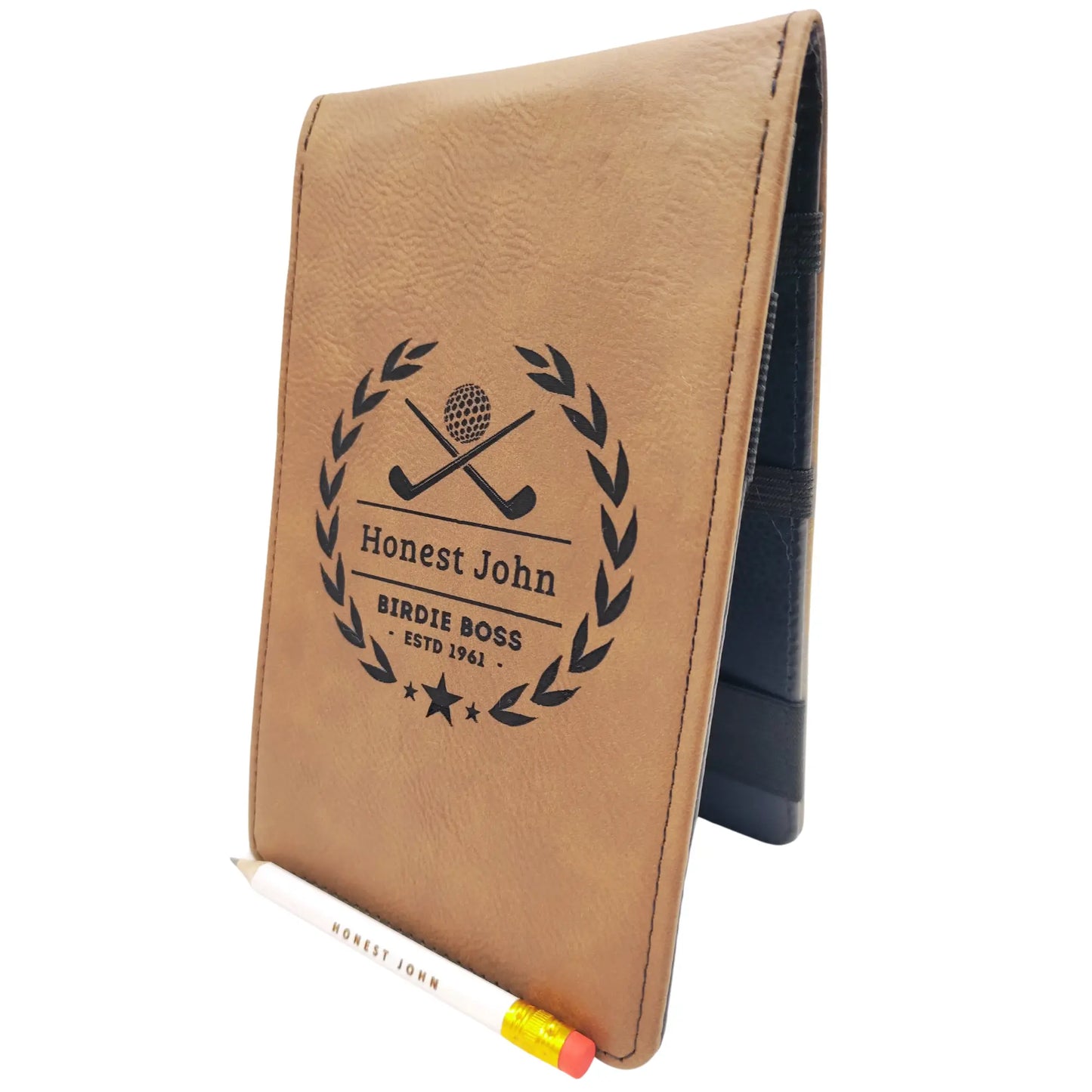 Personalised Golf Scorecard Holder Name and Year | Brown or Grey PU Leather with Black | Engraving | Matching Pencil