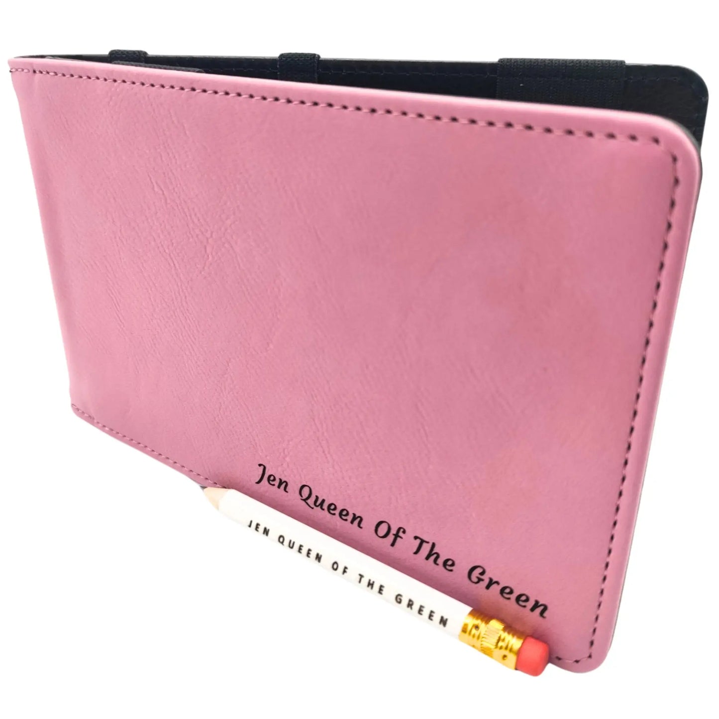 Personalised Golf Scorecard Holder | Pink PU Leather with Black Engraving and Matching Pencil - Golf Gifts Direct