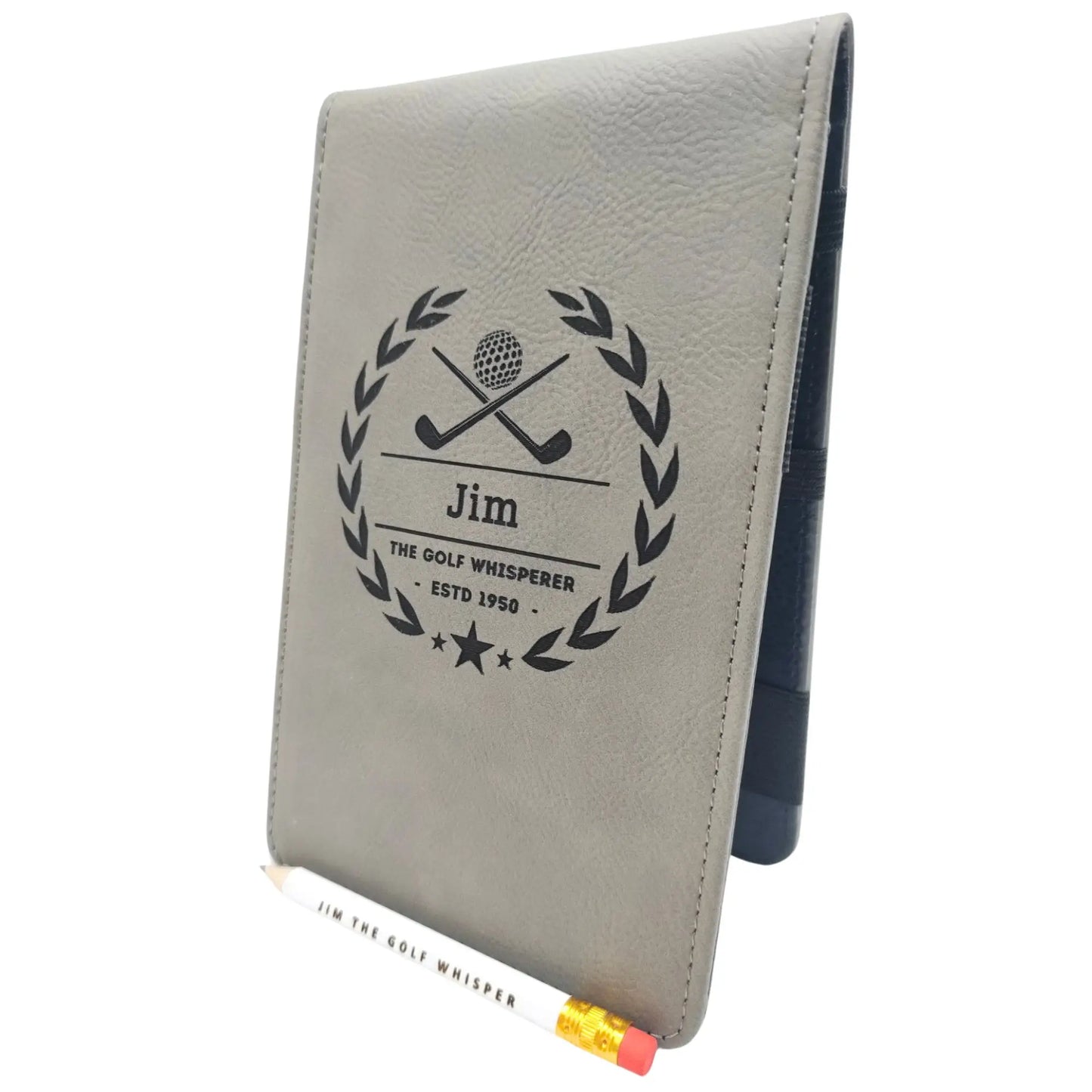 Personalised Golf Scorecard Holder Name and Year | Brown or Grey PU Leather with Black | Engraving | Matching Pencil