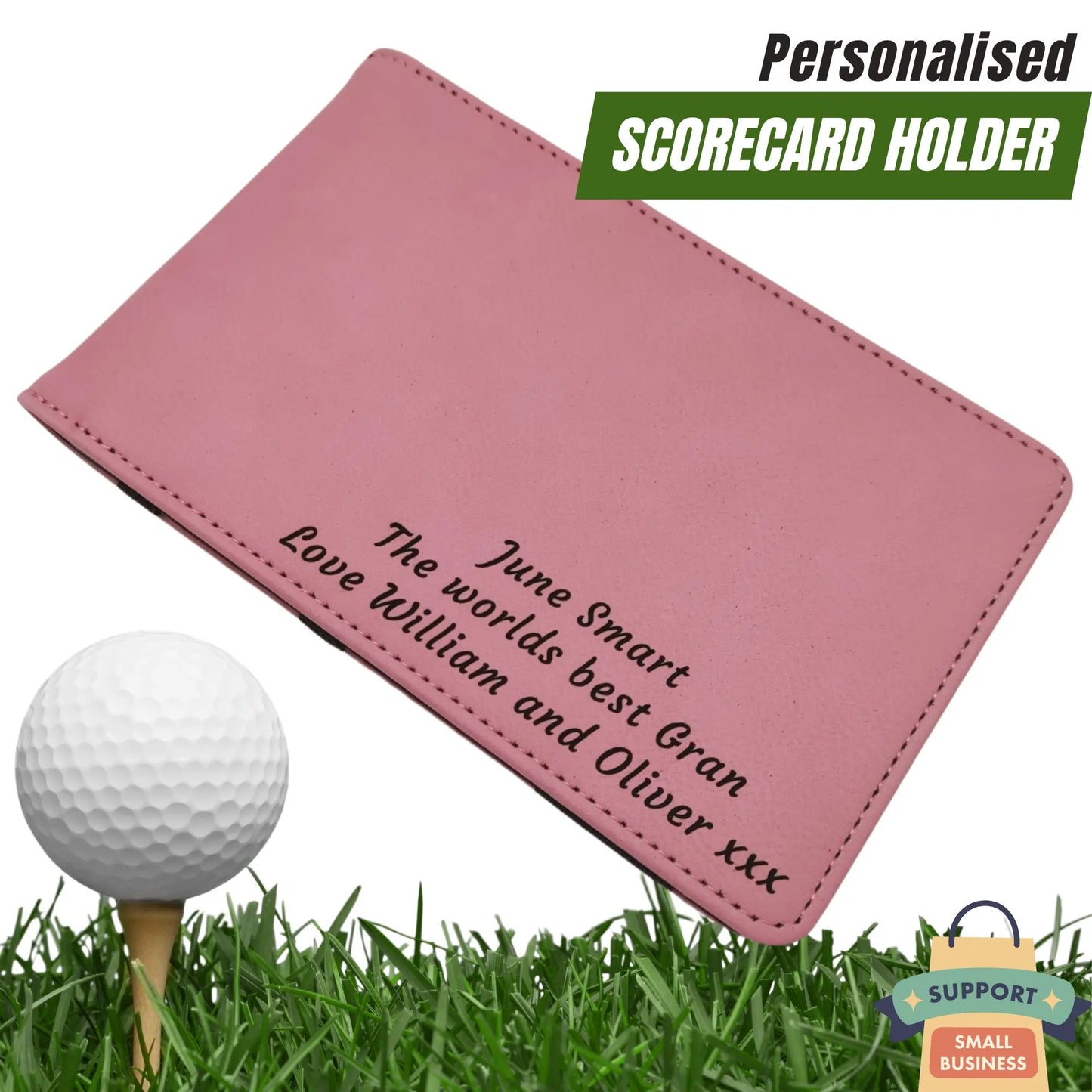 Personalised Golf Scorecard Holder | Pink PU Leather with Black Engraving and Matching Pencil - Golf Gifts Direct