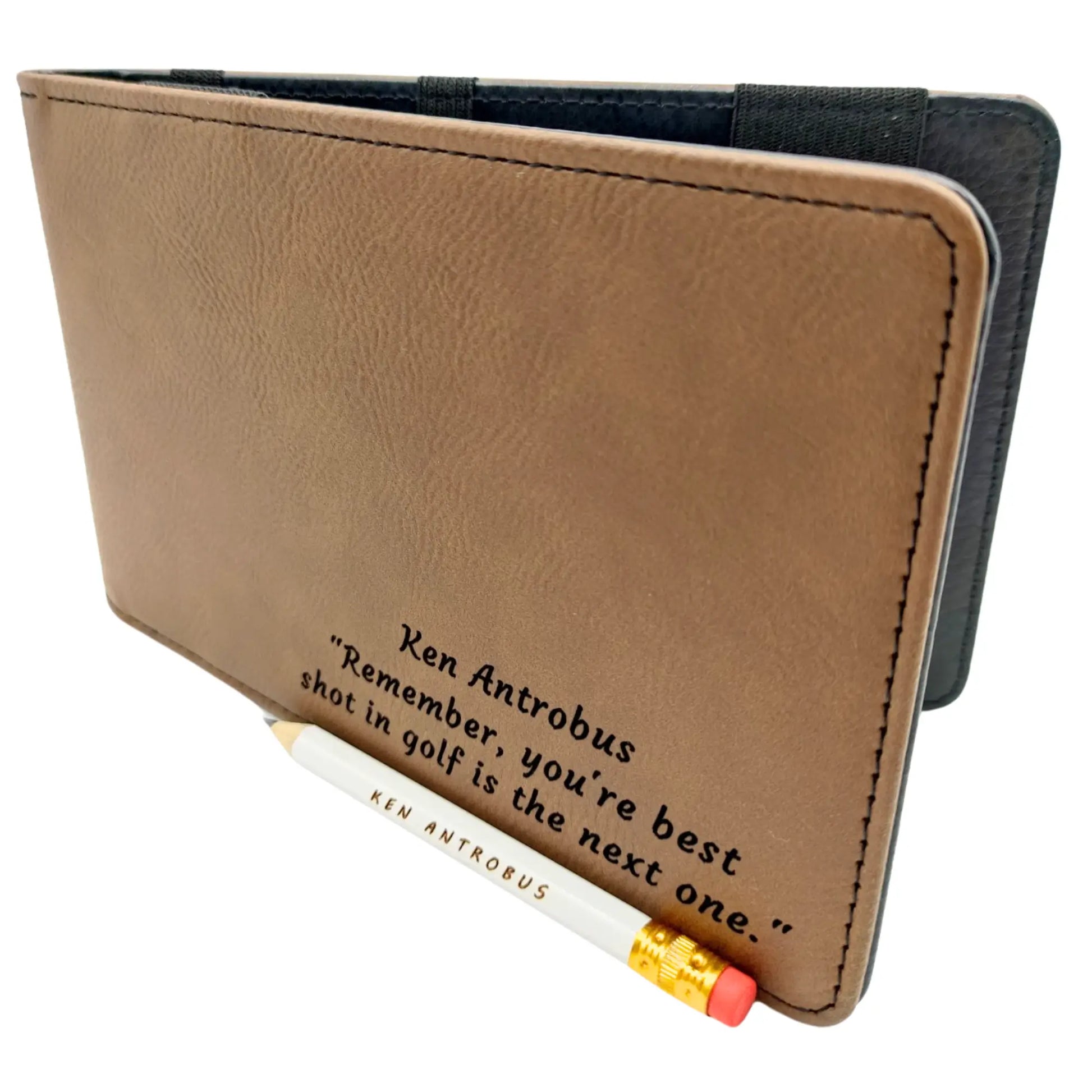 Personalised Golf Scorecard Holder | Brown PU Leather with Black | Engraving | Matching Pencil