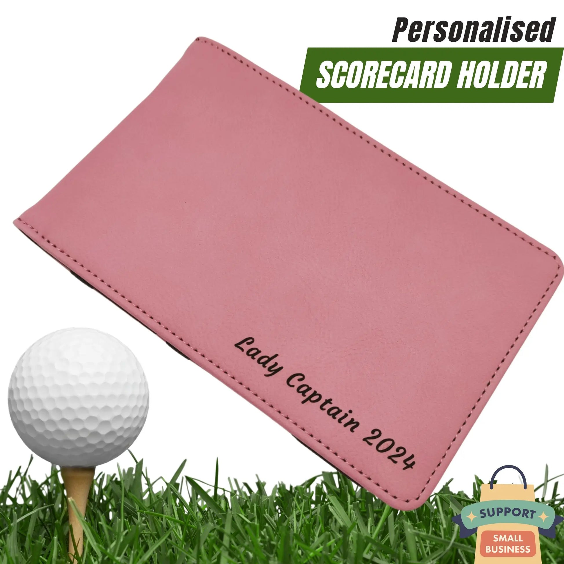 Personalised Golf Scorecard Holder | Pink PU Leather with Black Engraving and Matching Pencil - Golf Gifts Direct