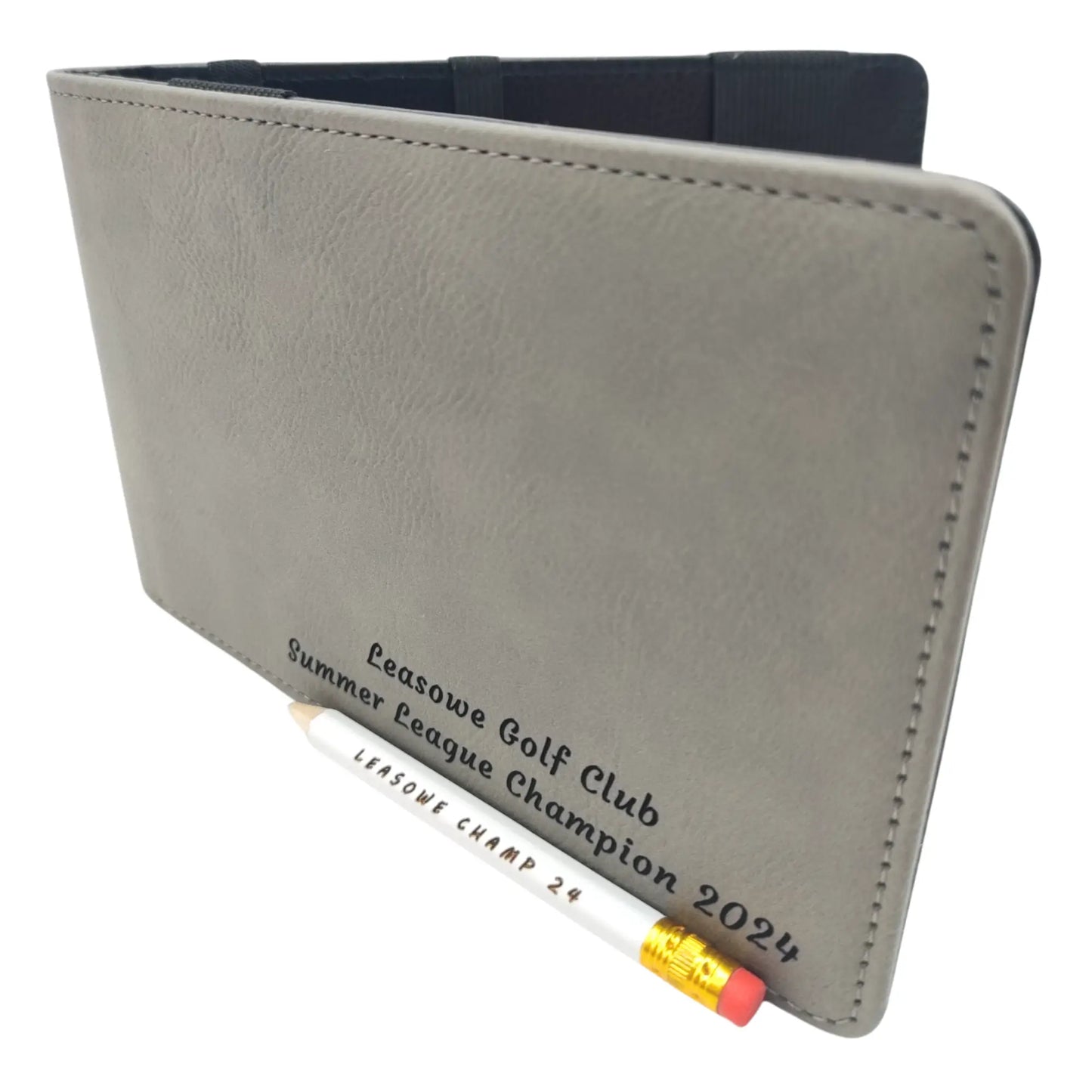 Personalised Golf Scorecard Holder with Matching Pencil | Grey PU Leather with Black Engraving | Suitable for all Golfers |  Birthday | Christmas Gift, Present