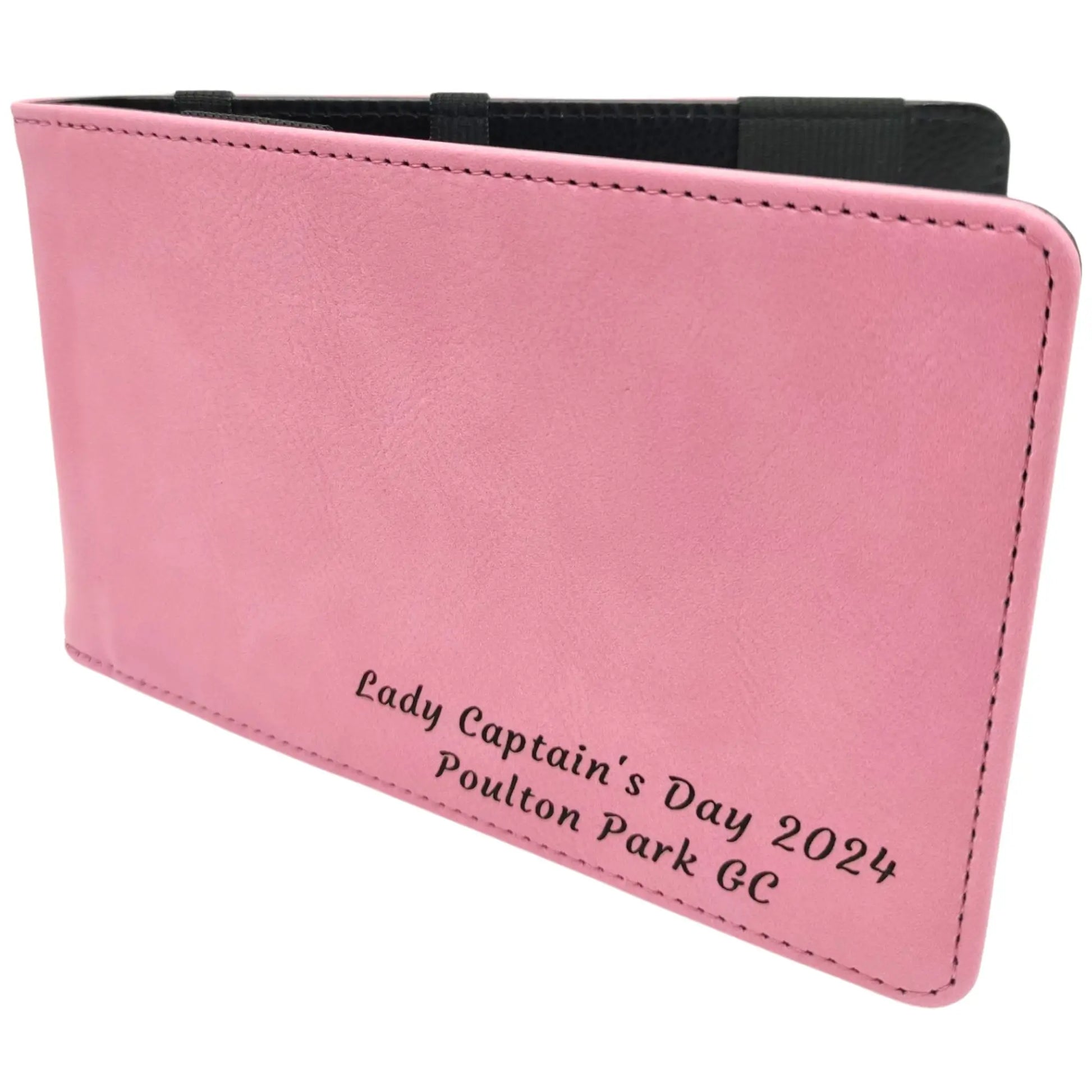 Personalised Golf Scorecard Holder | Pink PU Leather with Black Engraving and Matching Pencil - Golf Gifts Direct