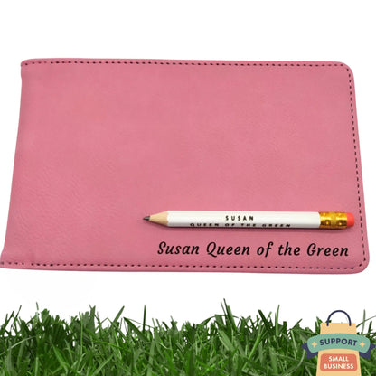 Personalised Golf Scorecard Holder | Pink PU Leather with Black Engraving and Matching Pencil - Golf Gifts Direct