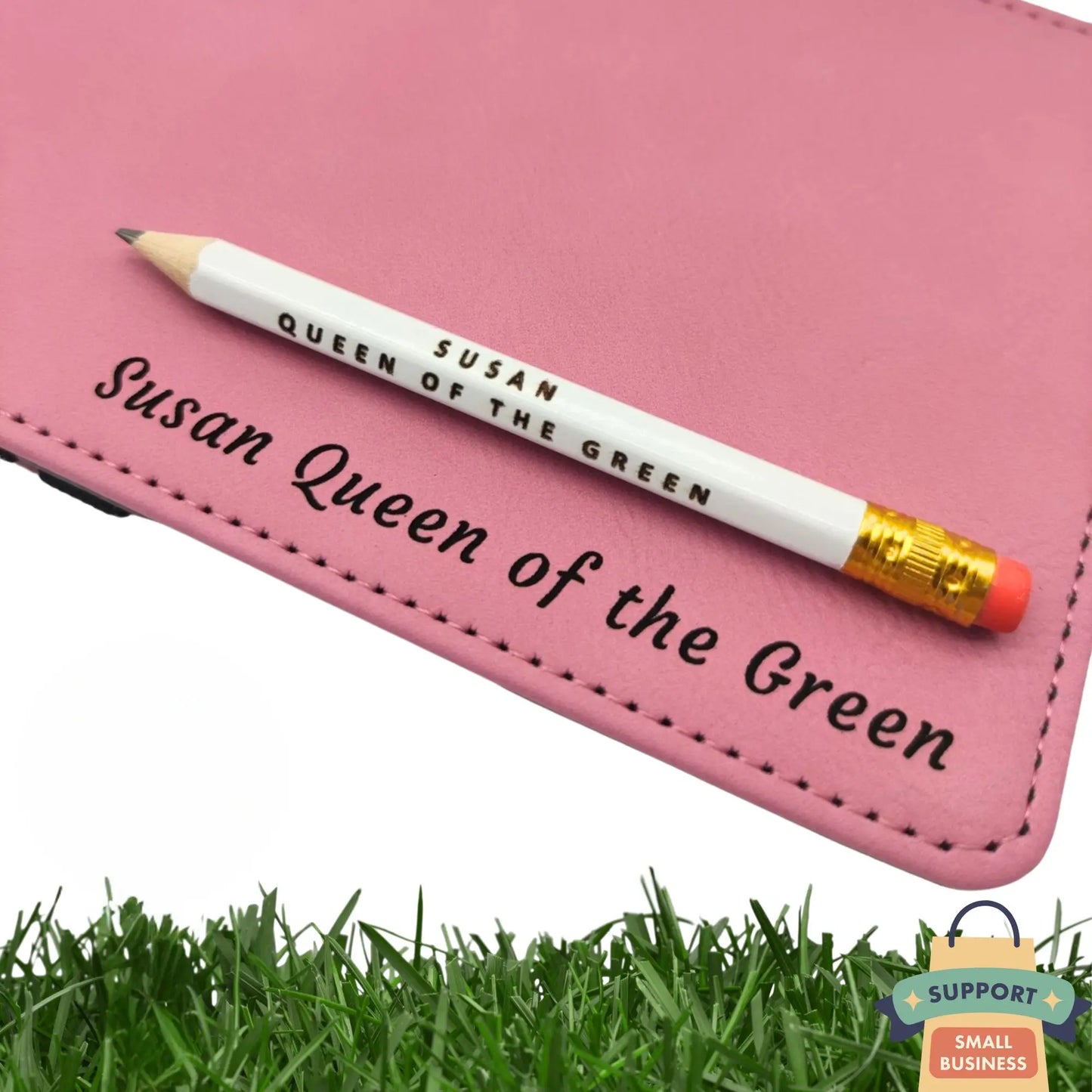 Personalised Golf Scorecard Holder | Pink PU Leather with Black Engraving and Matching Pencil - Golf Gifts Direct