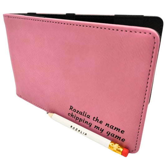 Personalised Golf Scorecard Holder | Pink PU Leather with Black Engraving and Matching Pencil - Golf Gifts Direct