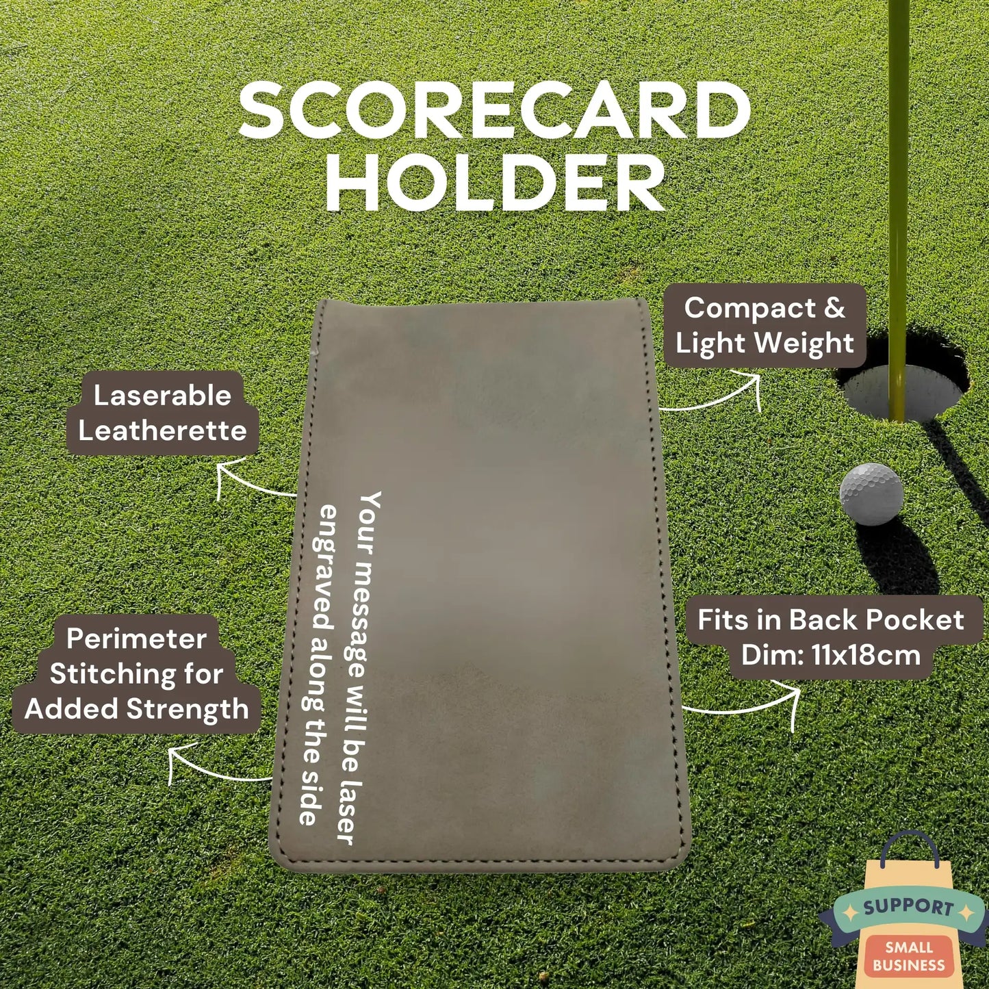 Personalised Golf Scorecard Holder with Matching Pencil | Grey PU Leather with Black Engraving | Suitable for all Golfers |  Birthday | Christmas Gift, Present