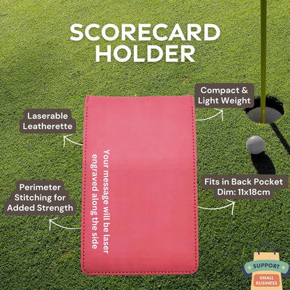 Personalised Golf Scorecard Holder | Pink PU Leather with Black Engraving and Matching Pencil - Golf Gifts Direct